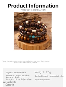 Detail view of 5-piece retro wood and coconut bead bracelet set with a cross charm