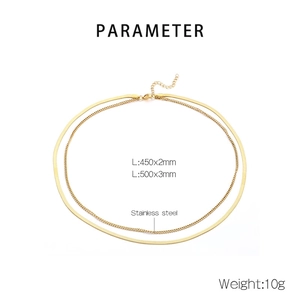 Close-up of golden double-layer stainless steel snake chain necklace with dimensions