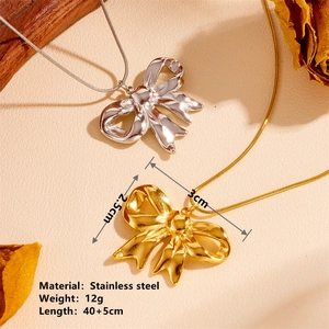 Detailed product specs of stainless steel bow necklaces in gold and silver finishes