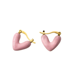 Pink heart-shaped titanium steel hoop earrings with elegant gold finish and enamel detail