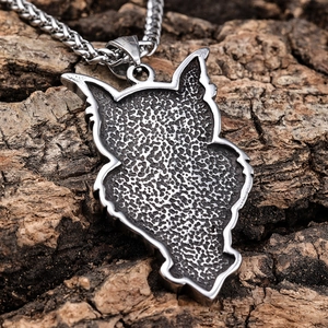 Retro viking owl pendant in silver stainless steel on natural tree bark background