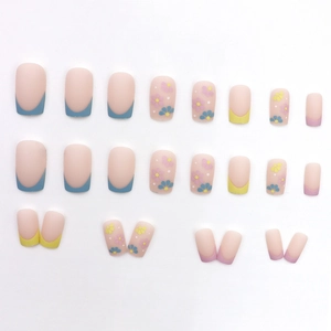 Floral French press-on nails set with matte macaron colors and 24 pieces for women