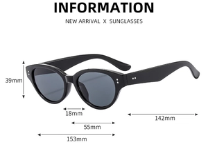Detailed size chart for black cat eye sunglasses showing all frame dimensions in mm