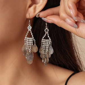 Hollow Leaf Tassel Drop Earrings Copper Rhinestone Bohemian Style Dangle Jewelry For Women Silver Tone