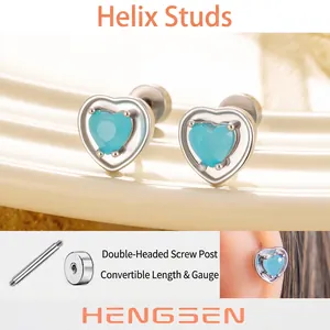 Heart Blue Zircon Stud Earrings Titanium Steel Screw Back Cartilage Piercing Jewelry Elegant For Women