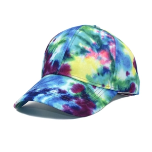 Detailed view of the colorful tie-dye baseball cap with reinforced stitching on the brim