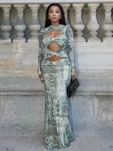 Women Maxi Dress Polyester Spandex Hollow Out Cutout Gold Flower Buckles Geometric Print Long Sleeve Sexy Slim Fit Bodycon