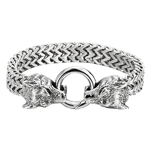 Men's retro stainless steel bracelet with dual wolf head design and Franco link chain