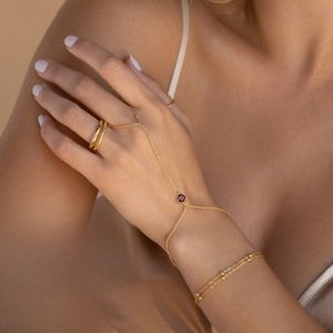 Stainless Steel 18K Gold Plated Zircon Birthstone Hand Chain Finger Ring Jewelry For Women