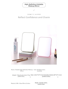 Detail view of foldable HD desktop makeup mirror with adjustable stand in solid candy colors