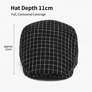 Black and white checkered flat cap for men and women with 11cm deep crown design