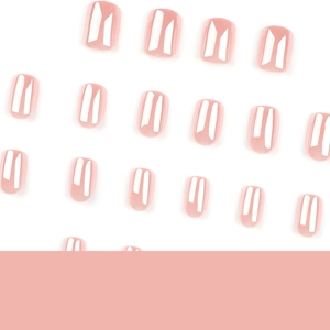 Glossy light pink press-on nails set in short square and oval shapes on a white background