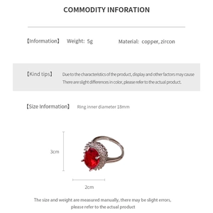 Detailed size specifications for the vintage oval red zircon ring in copper material
