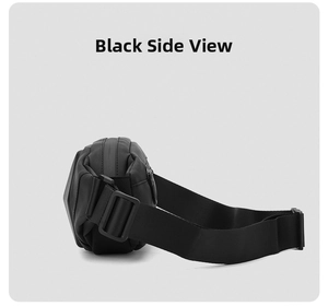 Side view of black hardshell crossbody bag with adjustable wide strap and plastic buckle