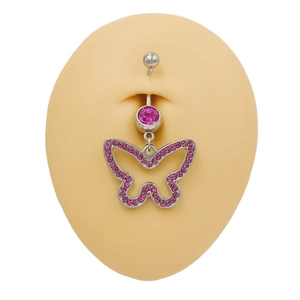 Detailed view of navel ring with pink rhinestones and hollow butterfly on mannequin