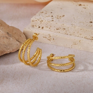 Titanium Steel Textured Triple Layered C-Shaped Hoop Stud Earrings For Women Geometric Irregular Gold Plated Jewelry