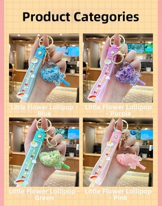 Detail showing colorful flower lollipop keychains in blue, purple, green, and pink colors