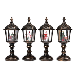 Set of 4 vintage bronze Christmas lanterns with musical snow globe and LED lights