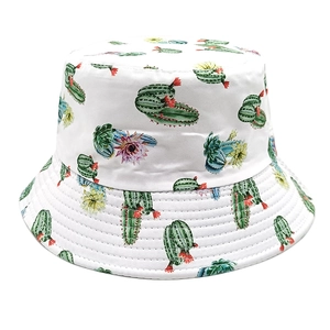 Detail of white bucket hat with colorful cactus and succulent floral print patterns