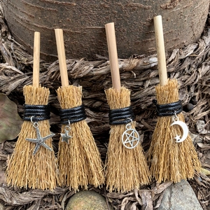 Mini witch brooms car charm set with bamboo handles and silver celestial pendants