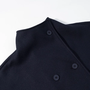 Detail of navy blue wool jacket featuring a lapel collar and matching buttons texture