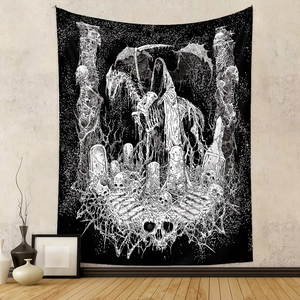 Detailed black and white gothic tapestry showing Grim Reaper on bone horse with skulls
