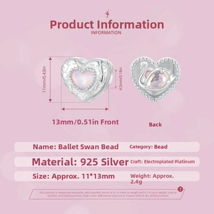 Detailed specs of S925 silver heart charm with pink gemstone and swan engraving