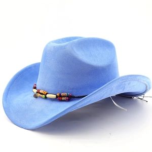 Close-up of sky blue faux suede cowboy hat with colorful handcrafted beaded band
