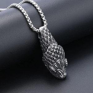 Vintage silver stainless steel snake head pendant necklace with a durable box chain for men