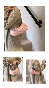 Pink leather underarm bag with metal buckles shown from multiple angles on a model