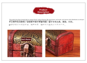 Close-up of vintage wooden jewelry box with red finish, gold pattern and antique metal clasp