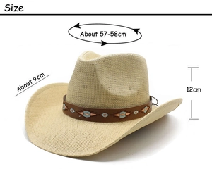 Detail view of straw cowboy hat with ethnic embroidered leather band and dimensions