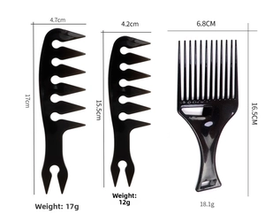 Detailed specs of three black professional hair styling combs with weights and dimensions