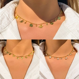 Three-panel detail of gold layered necklaces featuring heart, star, and pearl pendants