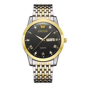 Luxury gold and silver bicolor men's steel business watch with black dial and luminous hands