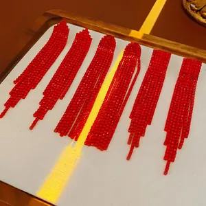 Red Rhinestone Tassel Dangle Earrings Copper Jewelry With Silver Earring Post For Women Fashion Elegant Long