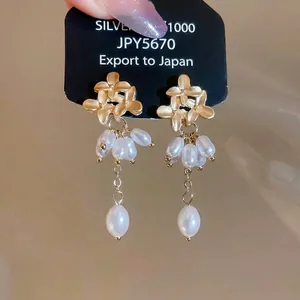Vintage Elegant Flower Artificial Pearl Tassel Drop Earrings With Silver Earring Post Alloy French Style For Women Jewelry