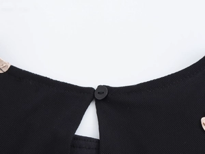 Detail van zwarte mesh jurkkraag met knoopsluiting en druppelvormige opening op de rug