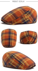 Detailed views of checkered beret hat featuring orange plaid and metal adjustment buckle