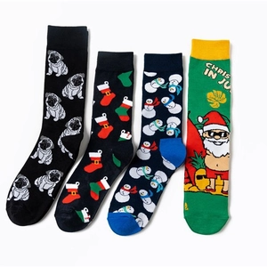 Christmas Cotton Crew Socks Novelty Cartoon Pug Dog Snowman Santa Claus Pattern Festive Casual Unisex