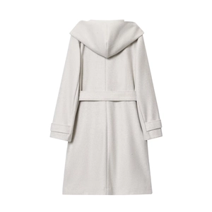 Detail view of the back of a light beige hooded wool coat with adjustable waist belt