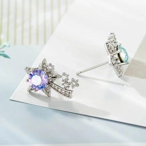 925 silver star earrings with purple and blue zircon stones and diamond accents