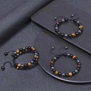 Bracelet triple protection en œil de tigre et obsidienne avec corde tressée réglable