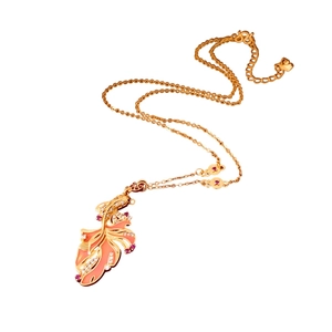 Chinese style 24K gold plated carp pendant necklace with pink enamel and crystals on white background