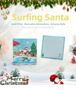 Detail of 3D Christmas card with surfing Santa and matching holiday notepad set