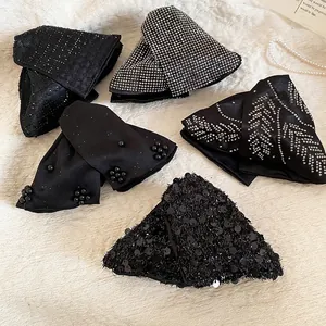 Luxurious black acrylic triangle hair claw clip with rhinestone and pearl embellishments