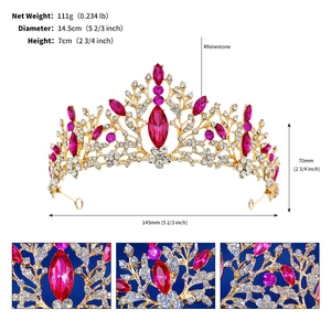 Detailed dimensions of gold bridal crown featuring pink and clear rhinestones