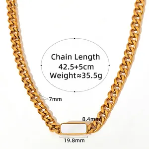 Gold chunky stainless steel chain necklace with rectangle mother of pearl pendant inlay