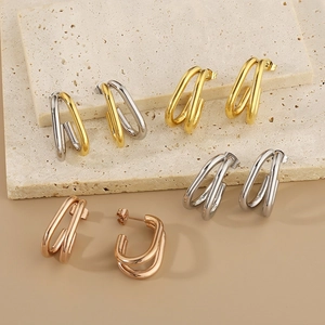 Boucles D'oreilles Minimalistes Double Couche En Forme De U Géométriques Acier Inoxydable Bijoux Mode Polie