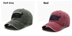 Detail of vintage washed cotton baseball caps with 3D Hawaii embroidery in grey and red